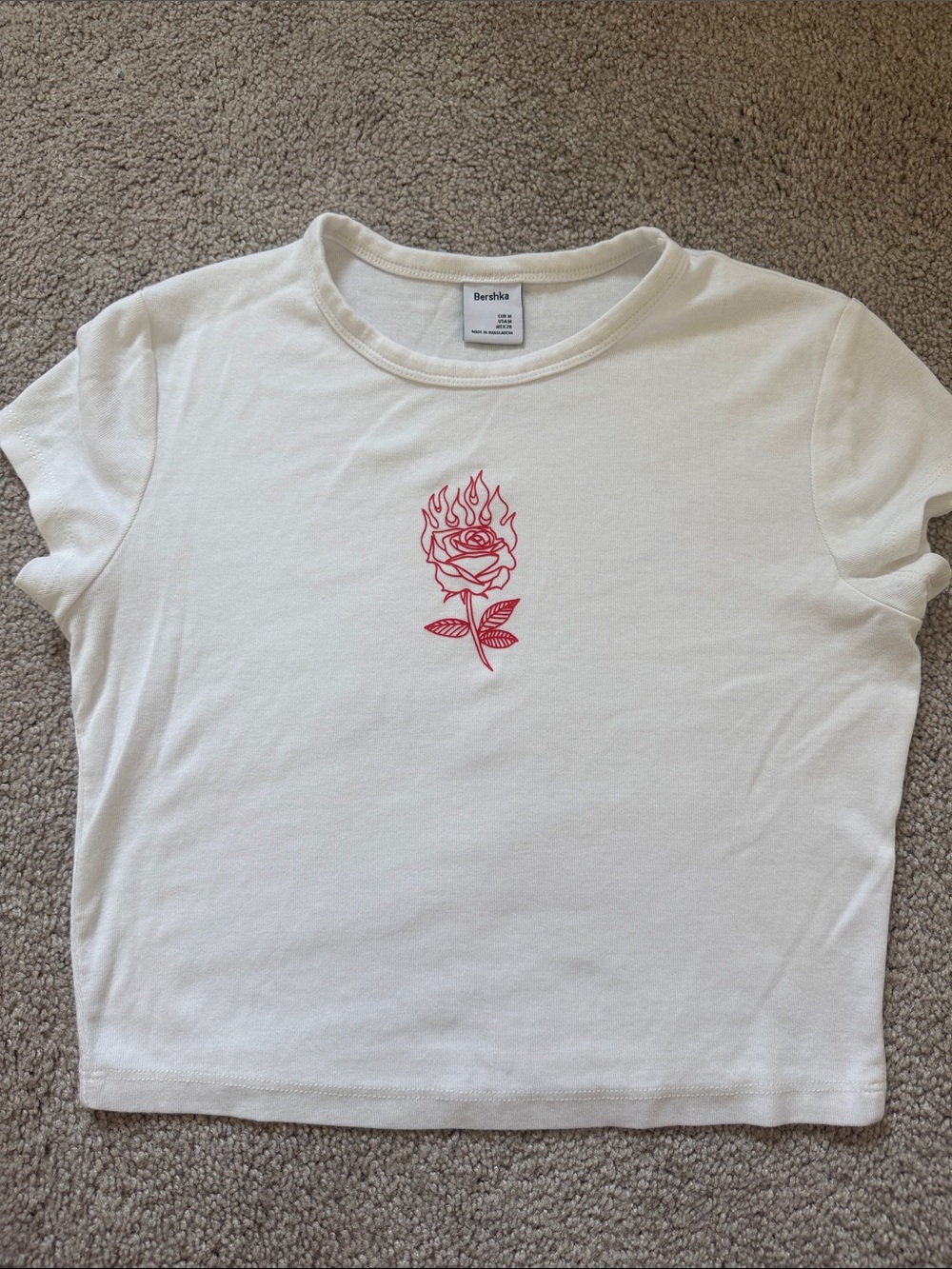 Bershka White Crop Tee with Red Flame Rose